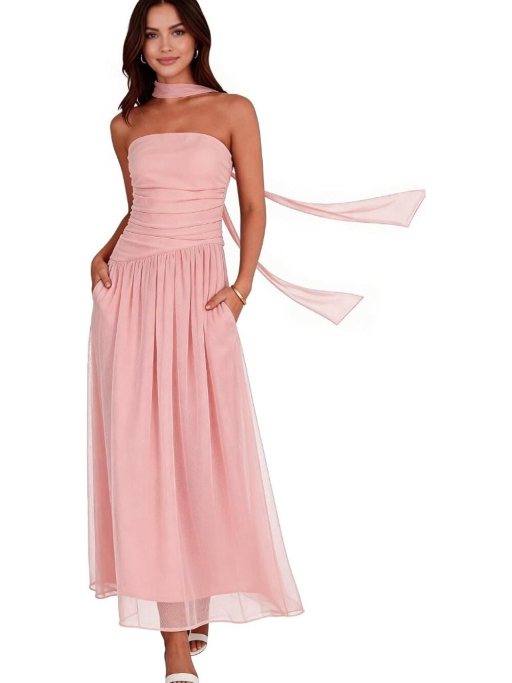 Women's Pink Strapless Ruched Elastic Waist Side Pocket Wedding Maxi Dresses